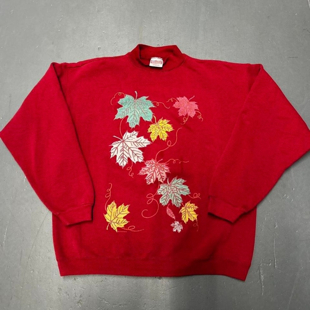 Vintage 90s unisex red fall leaves all over print nature graphic crewneck